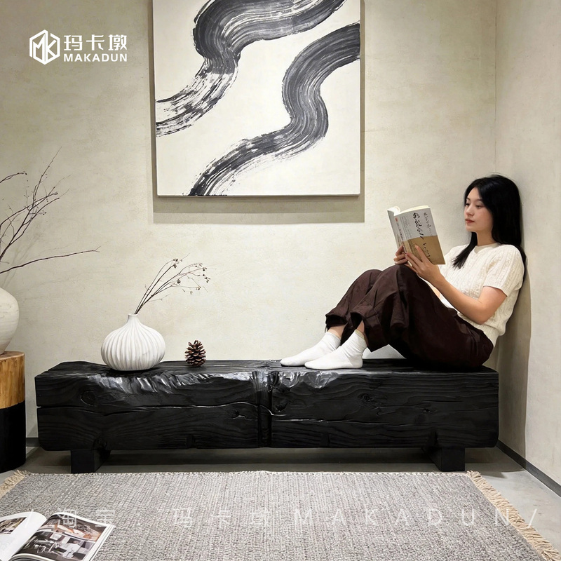 Wabi-Sabi Style Carbonized Black Bench, Creative Bench for Guesthouses and Shopping Malls, Shoe-Changing Bench, Natural Wood Art Bench