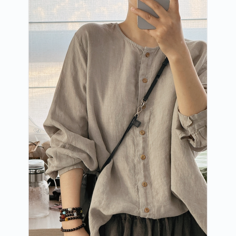 Spring and Summer New Style Loose, Ultra-Light, Delicate Pure Hemp Round Neck Basic Cardigan Long-Sleeved Shirt Casual Shirt for Women