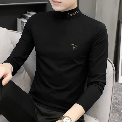 Мужской демисезонный утепленный трендовый бархатный удерживающий тепло приятный телу лонгслив, высокий воротник, с вышивкой