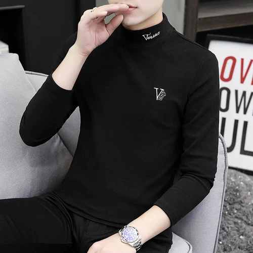 Мужской демисезонный утепленный трендовый бархатный удерживающий тепло приятный телу лонгслив, высокий воротник, с вышивкой