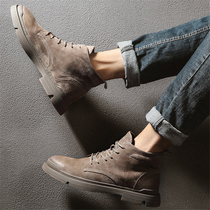  Martin boots mens leather spring plus velvet Korean version of the trend high-top tooling boots all-match middle-top mens boots British trend shoes
