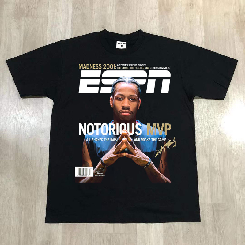 Espn Iverson Poster Digital Direct-Print Trendy Heavyweight 230g Wide Neckline Non-Deformable Cotton Short-Sleeve Shirt