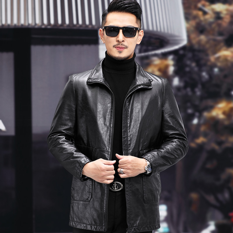 21 new men's dermis leather clothing head layer oil wax cow leather leather jacket with long version of the wind clothes stand up for the jacket