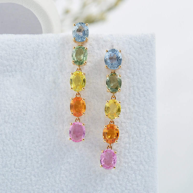 Handsome jewels 18K gold color jewel ear pendant color sapphire long version ear necklace with small fresh earrings earrings