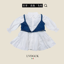 Cute cute#Girl dress (LVDGCK) Italian Spring vintage puff sleeve denim suspender set
