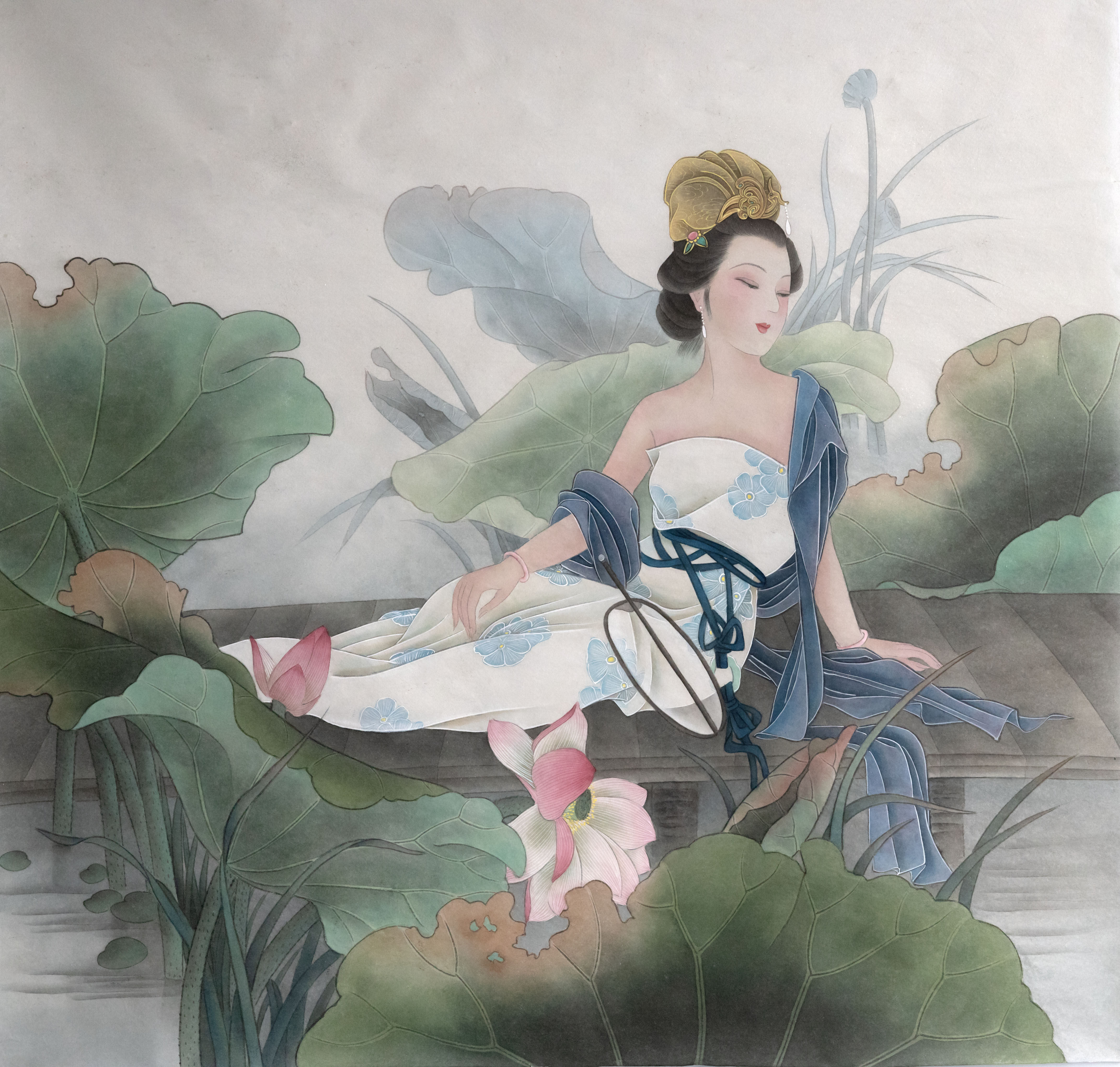 手工绘制工笔画国画仕女图68x68cm二尺斗方原稿荷香仕女图-Taobao-Tmall