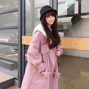 Áo khoác nữ phổ biến 2018 phiên bản Hàn Quốc của áo len trùm đầu retro trong đoạn lưới dài mùa thu và mùa đông cài đặt màu đỏ lưới với sự dễ thương