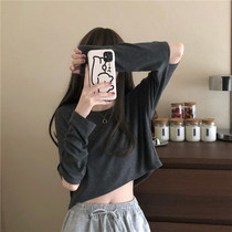 Elegant Careless Machine Design Sense long sleeves Dew Navel High Waist Short blouses womens spring dress Cave T-shirts Bottom Jersey Tide