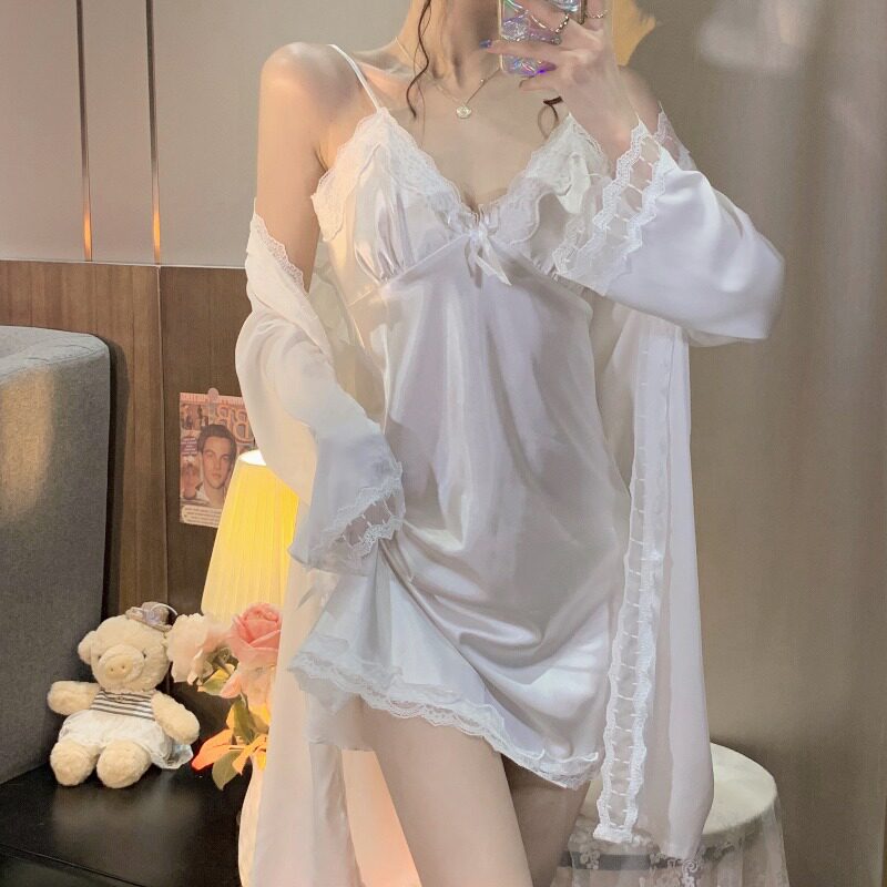 Pure desire wind lace edge sexy ice silk sling nightdress nightgown home service pajamas women's spring and autumn models 2022 new