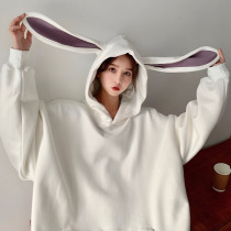 Autumn girl loose long sleeve cute ear hooded sweater female spring and autumn Korean version of lazy wind spring Joker top