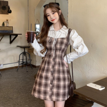 French literary girl sweet retro plaid stitching fake two waist dress womens spring long sleeve skirt