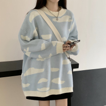 Autumn cute lazy wind loose slim collar cloud print sweater womens spring long sleeve pullover Joker top