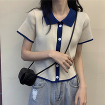 Summer 2021 New Korean fashion Contrast POLO collar age reduction Joker Knitted Cardigan Short Sleeve T-shirt