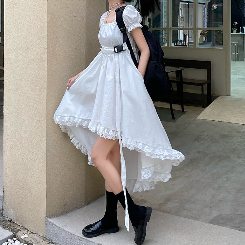 Dress 2022 Summer new Korean version INS Wind Girl collection waist display slim square collar design Sensation Bubble Sleeves Ocean Dress