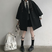  Mid-length navy collar woolen coat womens autumn and winter 2021 new long-sleeved double-breasted plus cotton loose woolen coat