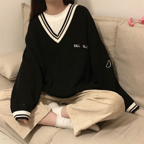  Japanese college style V-neck pullover long-sleeved sweater top loose Korean version of wild sweater womens autumn and winter wear trend