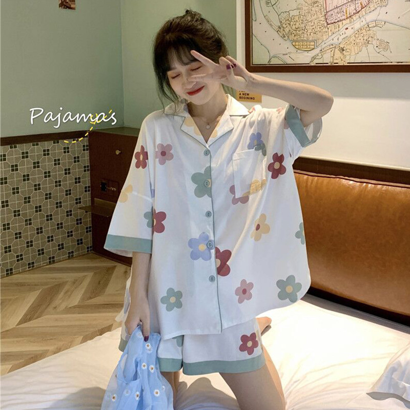 2022 summer new Korean version fashion Elegant Breeze Flowers Short Sleeves Sleepwear Fresh Shorts Two Sets of Home Suits Women