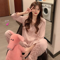 Thin pink BAO WEN home clothing set long sleeve pajamas women spring and autumn 2021 New pajama pants two-piece set can be worn outside