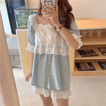 Hipster Comfort Pajamas Women 2021 Summer New Korean Short Sleeve Top Shorts Sweet Home Clothes Set Tide