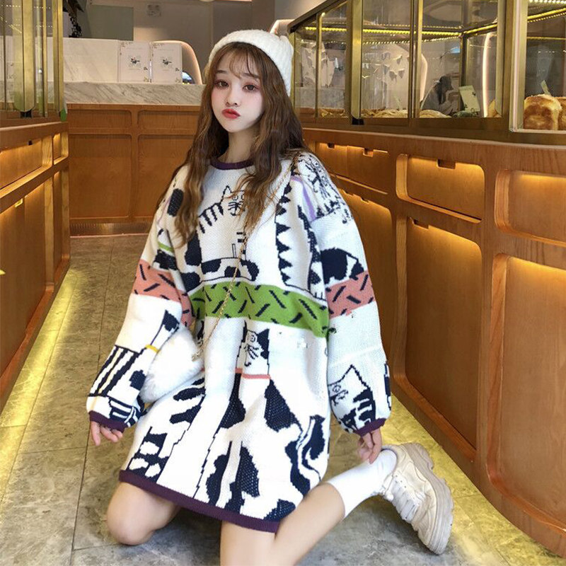 Korean style lazy sweater women's 2022 new autumn and winter outerwear knitted loose mid-length pullover Japanese top trendy