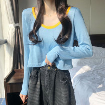 2021 New Korean version of Joker Foreign color color loose short long sleeve knitwear women autumn simple base shirt top