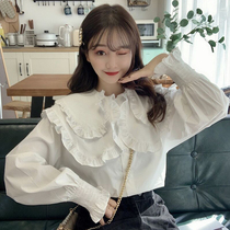  Large lapel ruffle shirt womens 2021 new autumn loose Korean long-sleeved mid-length all-match shirt jacket