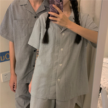 Net Red couple short sleeve pajamas Women summer 2021 new two-piece thin plaid loose home clothing set tide