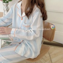 Han Prints wind minimalist Striped Pure Cotton Gauze Pyjamas womens spring and autumn Long sleeves Home Two sets of suit students