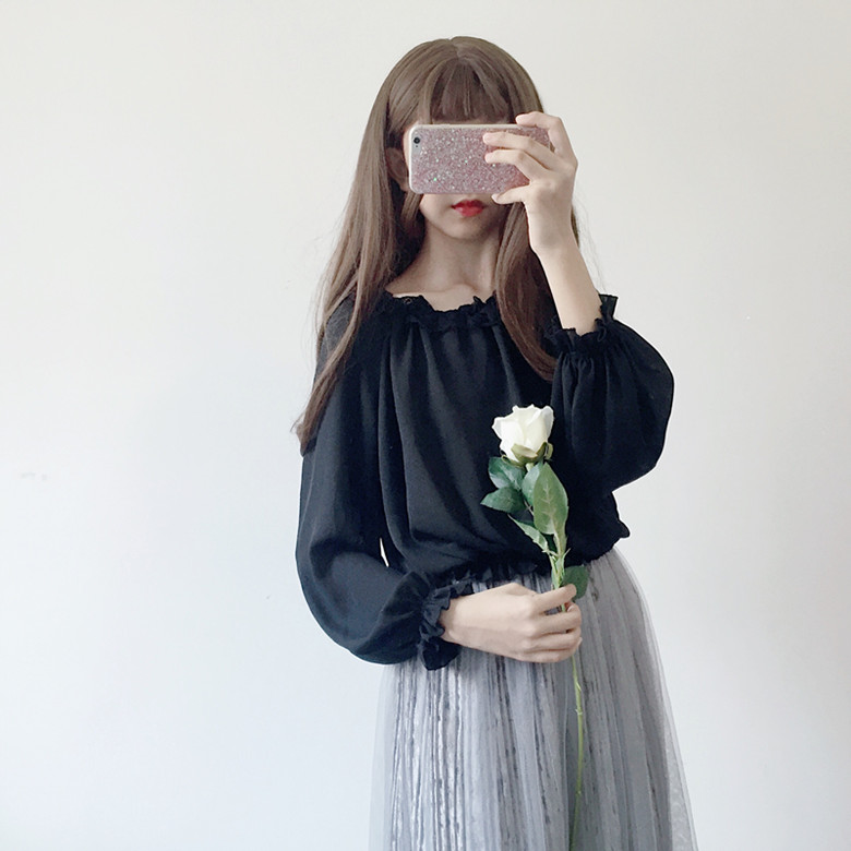 2018 mùa xuân mới Hàn Quốc phiên bản của lỏng hoang dã ren đèn lồng tay áo sơ mi dài tay voan áo sơ mi mùa hè phụ nữ sinh viên áo sơ mi trắng nữ form rộng