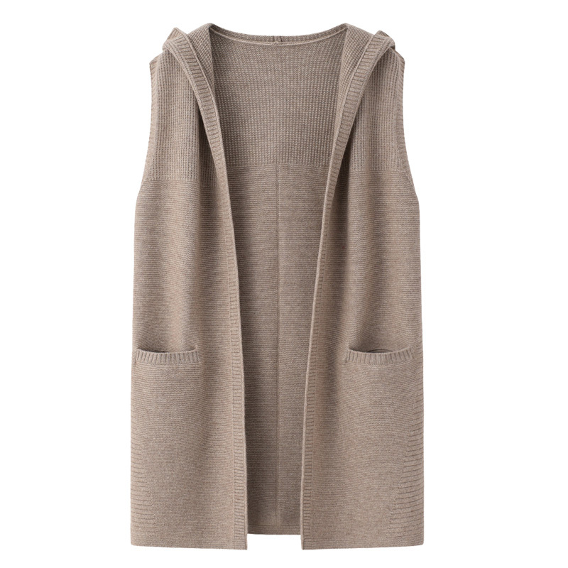 A Rong Yuan Cashmere Mid-Length Hooded Women's Vest, Thick Double-Strand Knitted Wool Cardigan with Pockets for Outerwear A Rong Yuan Cashmere Mid-Length Hooded Women's Vest, Thick Double-Strand Knitted Wool Cardigan with Pockets for Outerwear
