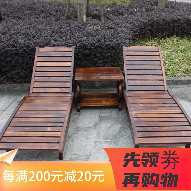 Carbonized outdoor Solid Wood Beach Bed Bed Bed Balcony Balcony Lounge Pool Luncheon Bed Casual Chair