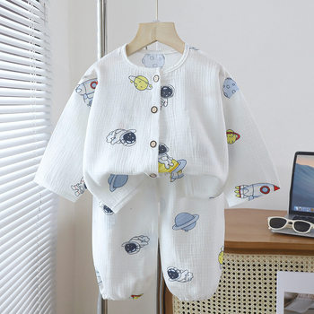 Air-conditioning clothing double-layer cotton gauze home clothing children's clothing set pajamas baby four seasons girls thin children's boys