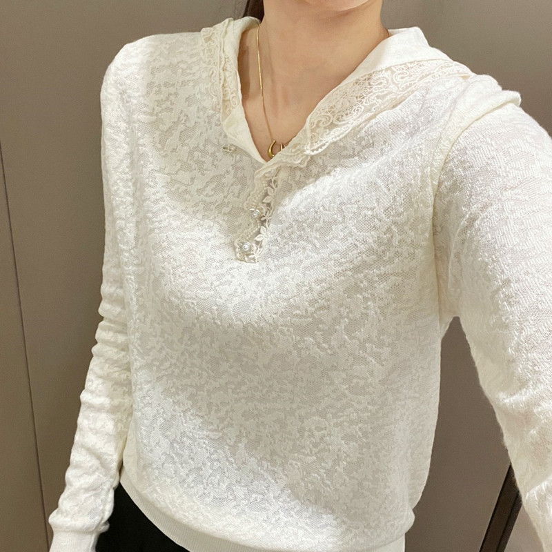 Hooded Knit Sweater for Women 2025 Spring and Autumn New Fashion Versatile Loose Stylish Lace Splicing Base Shirt Sweater for Women