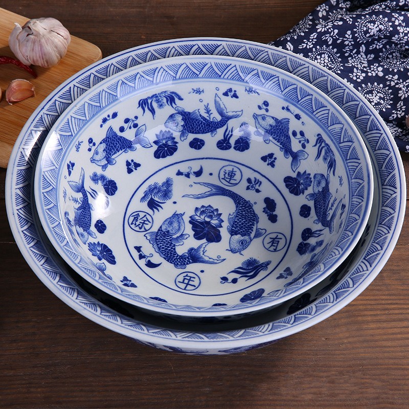 Jingdezhen blue and white porcelain hotel malatang large bowl of boiled fish bowl noodles cooking ingredients after the big rainbow such as bowl bowl