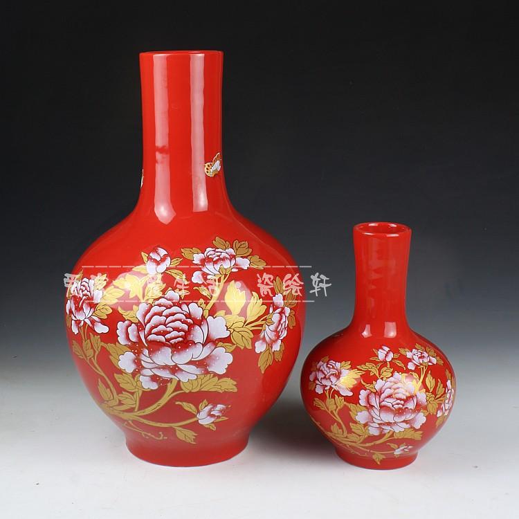 Jingdezhen ceramics vase Chinese red riches and honor peony large vase decoration decoration that occupy the home furnishing articles