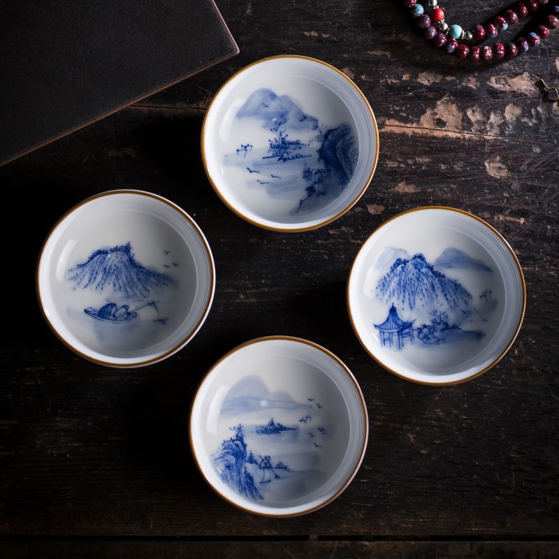Jingdezhen ceramic sample tea cup tea hand - made the fishing qiao geng read master cup ji blue manual kung fu tea cups
