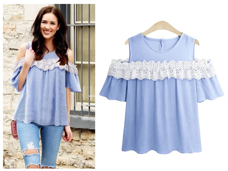 Châu Âu và Hoa Kỳ hè 2018 mới cộng với chất béo cỡ lớn ren lỏng lẻo khâu quây áo thun ngắn tay áo sơ mi voan nữ áo sơ mi đen nữ