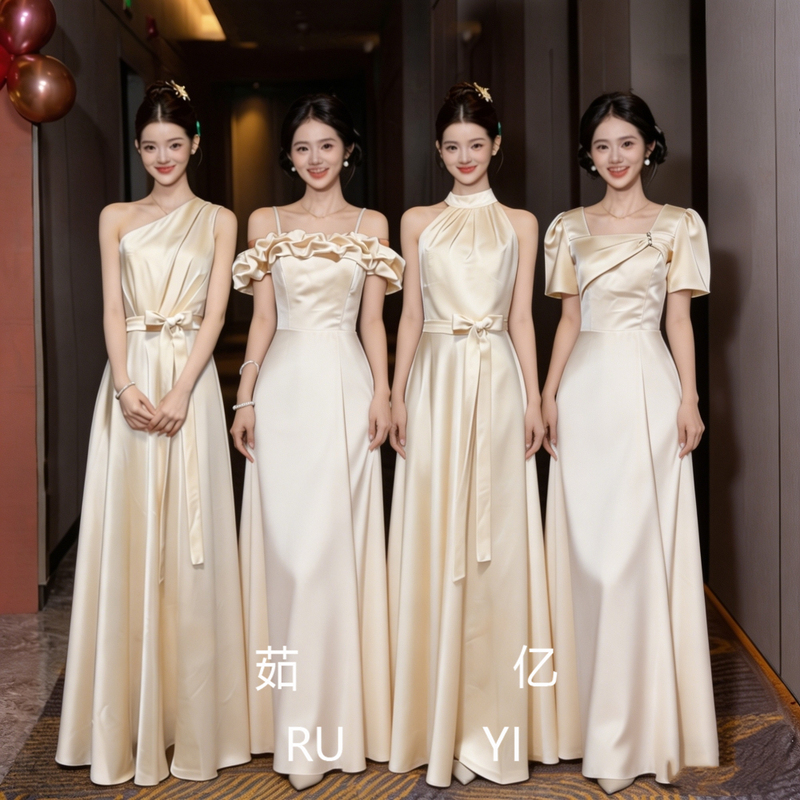 Champagne-Colored Bridesmaid Dresses 2026 New Summer Wedding Satin High-End Niche Sister Group Dresses Simple, Elegant, and Stunningly Beautiful