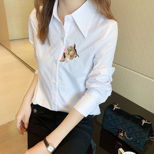 White cotton shirt women's professional all-match design niche shirt long-sleeved high-end cat embroidery top trendy