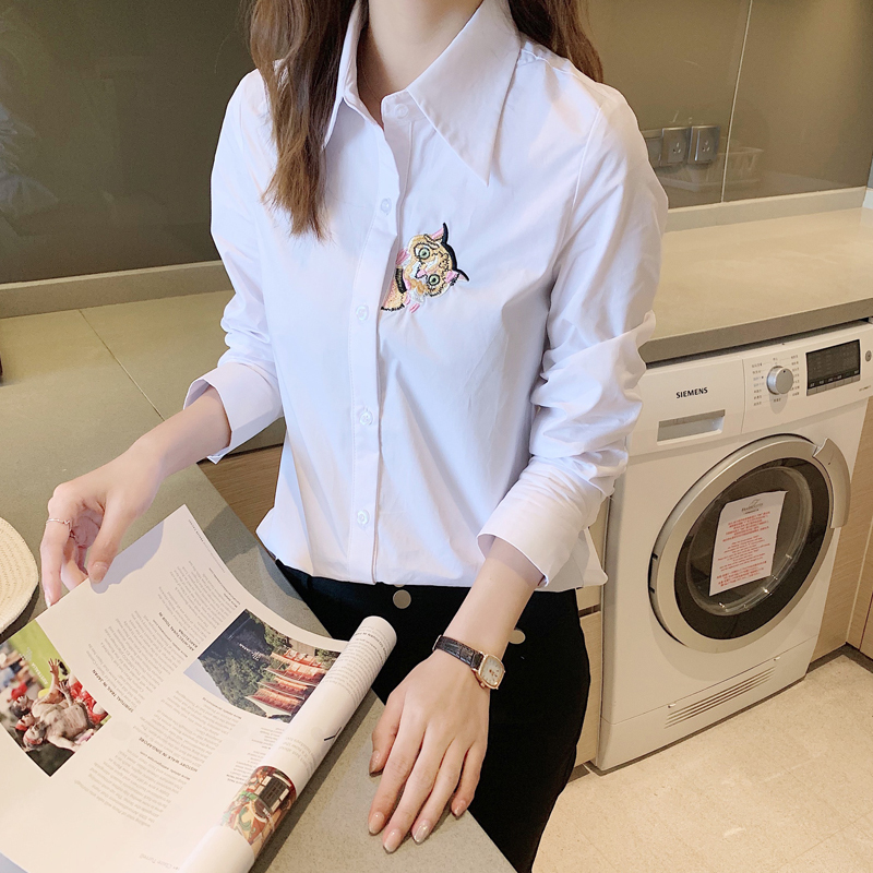 White Pure Cotton Shirt for Women, Commuter Style, Professional Design, Niche Shirt, Spring New Long-Sleeved Top with Cat Embroidery White Pure Cotton Shirt for Women, Commuter Style, Professional Design, Niche Shirt, Spring New Long-Sleeved Top with Cat Embroidery