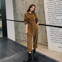 Blue Language Big Code Women Dress Fat Sister Mm Stylish Temperament Even Pants Spring New High Waist Tooling Straight Drum One-piece Pants