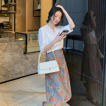 Blue Language Big Code Woman Dress Fat Sister Mm Temperament V Collar Blouse Lace A Character Half Body Dress Summer New slim fit suit