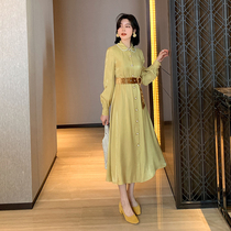 Blue Plus Size Women Fat Sister mm Temperament Age Fairy Dress 2021 Autumn New Belt Waist Dress