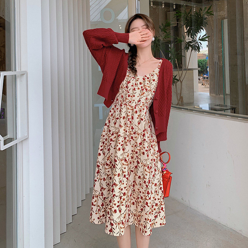 Blue Language Great Size Women's Dress Fat Sister Mm Stitch Cardiovert Flowers Harness Foreign Dress 2022 Spring New Temperament Two Sets