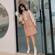 Blue Plus Size Women Fat Sister mm Temperament Tweed Fake Two Skirt 2021 Winter New Loose Dress