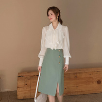 Blue Language Big Code Woman Dress Fat Sister Mm Lace Lotus Leaf Side Shirt Open Fork Half Body Dress Spring New slim fit suit