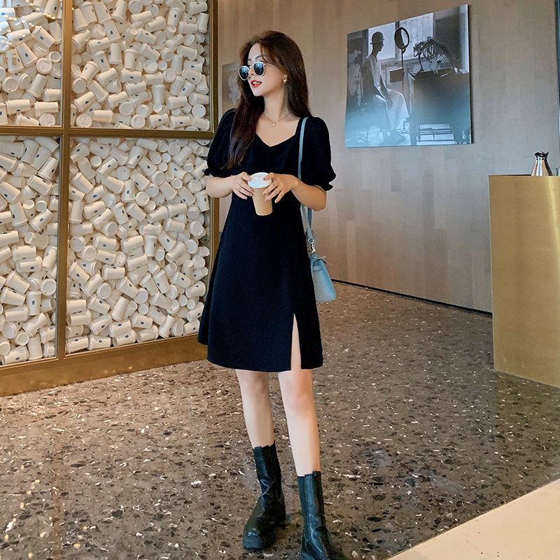 Blue Language Great Size Women's Dress Fat Sister Mm Fa Temperament Square Collar Foreign Dress 2022 Summer Loaded Loose of Flesh Fairy Skirt