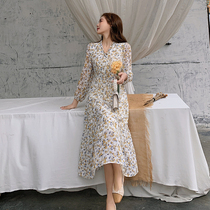 Blue language large size womens fat sister mm temperament V collar chiffon floral skirt 2021 early autumn new waist dress