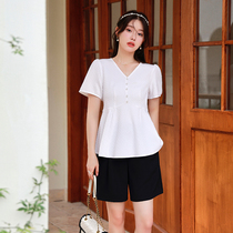 Blue language big code womens clothing Fat mm French Belly Jacket 2022 Summer new temperament V collar Tibetan meat Dont make a little shirt