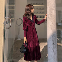 Blue Plus Size Women Fat Sister mm French Vintage Lace V-Neck Lap Dress 2021 Winter Velvet Dress